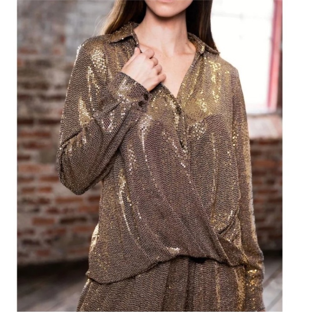 Chloé Kristyn Metallic Gold Dominique Button Down Wrap Top NWT S